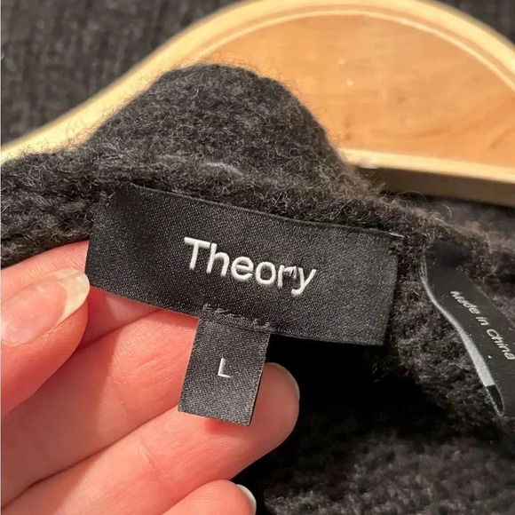 THEORY Contrast-Trim Knit Alpaca Ultra Soft Charcoal Grey Cardigan Sweater Large - Picture 4 of 5